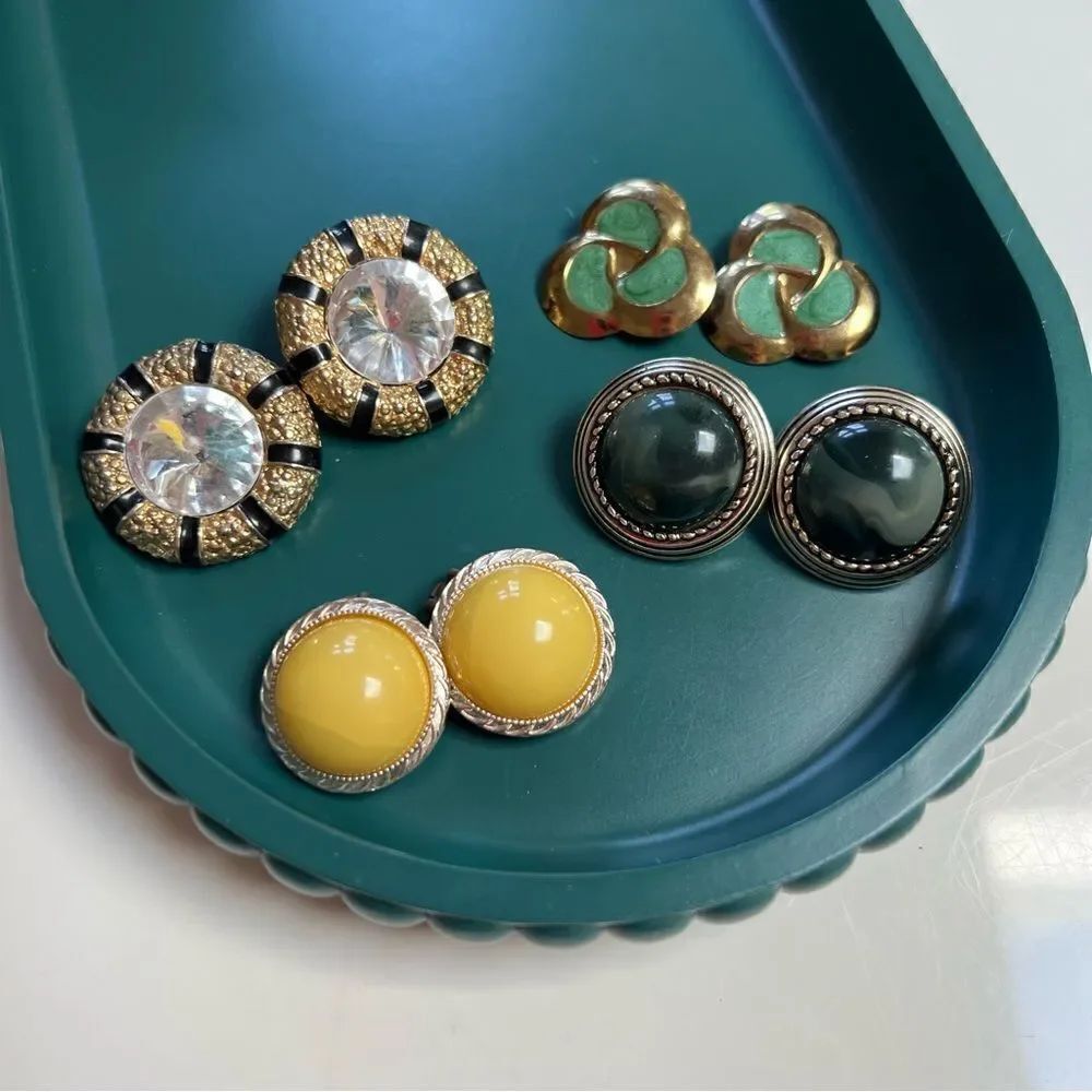 Four Pairs Vintage 1980s Large Maximalist Round Clip Statement Earrings Lot